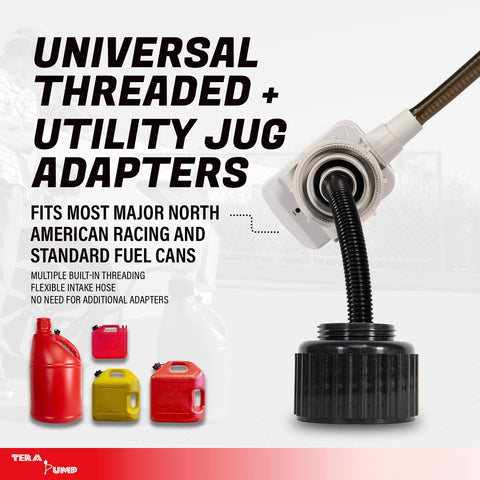 TERA PUMP universal gas can adapter cap with battery-powered fuel transfer pump and 4.27 ft vinyl hose