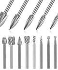 Wood Carving And Engraving Drill Bit Set 15 Piece Kit with engraving bits and HSS carbide rotary burrs, close-up view.