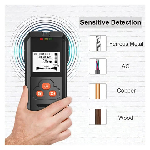 Premium Handheld Wall Scanner And Digital Metal Detector With Bright Lcd Display, detecting wires and wood studs in hand.