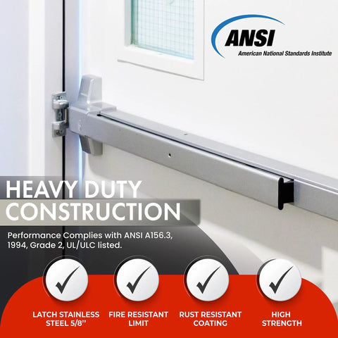 Heavy Duty Aluminum Push Bar Panic Exit Device For Commercial Doors, ANSI A156.3 Grade 2, UL Listed, mounted on door