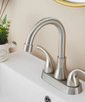 Lead Free Brushed Nickel 4 Inch Two Handle Bathroom Sink Faucet With Pop Up Drain And Flexible Supply Lines Built To Last Durable Stainless Steel ADA Compliant Easy Install Perfect For Any Vanity in bathroom setting