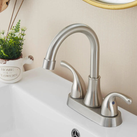 Lead Free Brushed Nickel 4 Inch Two Handle Bathroom Sink Faucet With Pop Up Drain And Flexible Supply Lines Built To Last Durable Stainless Steel ADA Compliant Easy Install Perfect For Any Vanity in bathroom setting