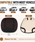 Top Tier Breathable Leather Front Seat Cushion With Plush Padding And Non Slip Grip For Tesla Cybertruck Model 3 Model S And Just About Any Daily Driver In Bold Red front and back views with dimensions.