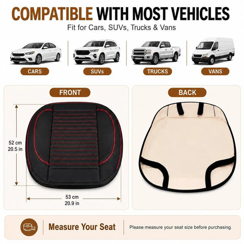 Top Tier Breathable Leather Front Seat Cushion With Plush Padding And Non Slip Grip For Tesla Cybertruck Model 3 Model S And Just About Any Daily Driver In Bold Red front and back views with dimensions.