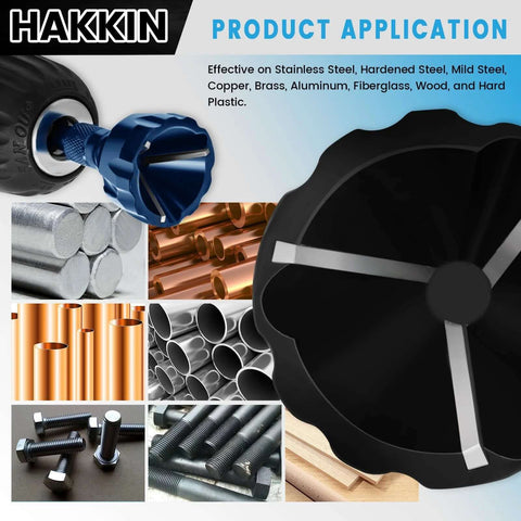 Front view of Hakkin 2-pack hex shank deburring external chamfer tools with carbide blades, blue.
