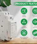 No More Panel Buzz 25A AC DC Contactor 2 Pole 2NO for Level Two EV Chargers, featuring silent operation and DIN rail mount.