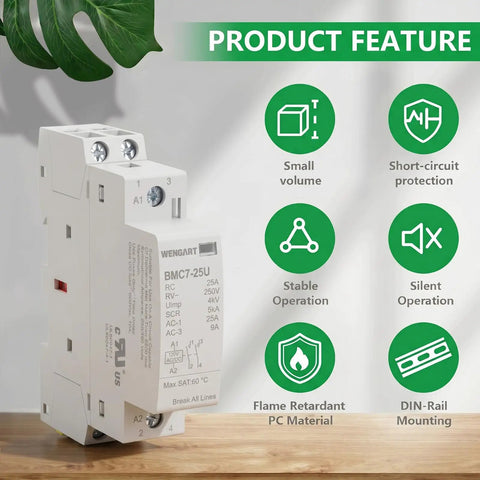 No More Panel Buzz 25A AC DC Contactor 2 Pole 2NO for Level Two EV Chargers, featuring silent operation and DIN rail mount.