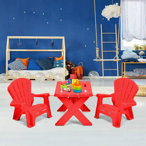 Durable Plastic Kids Table And Chair Set For Outdoor Fun With Adirondack Style Chairs Ideal For Picnic Garden Patio Backyard And Beach Time Safe Non Toxic Materials For Toddlers, red chairs