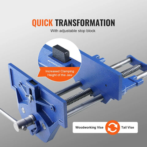 Beast Mode Heavy Duty Cast Iron Workbench Vise With Quick Release Lever 13 Inch showing adjustable stop block and jaw details.