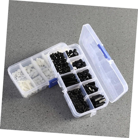 300 Pcs Nylon Spacers Nuts And Screws Assortment Kit In Black And White With Plastic Storage Box For Electronics DIY Projects Easy To Install Durable Nylon Spacers And Nuts And Screws, open box