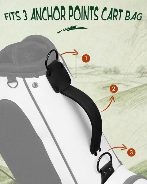 Premium Swivel Golf Bag Strap Replacement fits 3 anchor points for cart bags, showcasing durable black strap attachment.