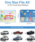 Diagram showing Two Pack Baby Car Sun Shades For Side Windows 26.8 By 19.7 Inches With Dinosaur Cartoon Design fits various cars.