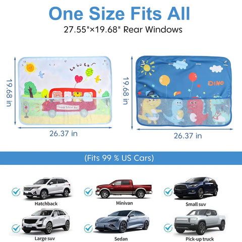 Diagram showing Two Pack Baby Car Sun Shades For Side Windows 26.8 By 19.7 Inches With Dinosaur Cartoon Design fits various cars.