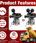 Power Take Off PTO Hoist Air Shift Control Valve With Brighter Light And Plug And Play Push To Connect Fittings For Dump Truck Hydraulic System PTO Switch Included Compatible With AV295 32838879X 90 Series, displayed with product features and a yellow dump truck illustration.