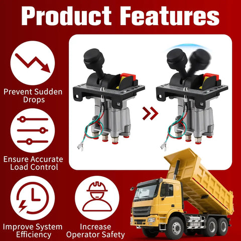 Power Take Off PTO Hoist Air Shift Control Valve With Brighter Light And Plug And Play Push To Connect Fittings For Dump Truck Hydraulic System PTO Switch Included Compatible With AV295 32838879X 90 Series, displayed with product features and a yellow dump truck illustration.