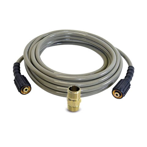 Coiled Morflex Series 3300 PSI Pressure Washer Hose for Cold Water Use, 25 Feet, One Quarter Inch Inner Diameter with fittings.