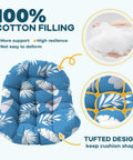 Waterproof Outdoor Egg Chair Cushion Replacement With Ties For Hanging Egg Couch 47 By 35 By 7 Inches Thick Plush Comfy Cushion Blue Leaf Color Fits Most Egg Chairs, showcasing cotton filling and tufted design.