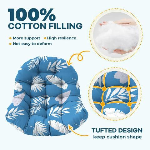 Waterproof Outdoor Egg Chair Cushion Replacement With Ties For Hanging Egg Couch 47 By 35 By 7 Inches Thick Plush Comfy Cushion Blue Leaf Color Fits Most Egg Chairs, showcasing cotton filling and tufted design.