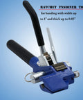 Kick Your Packaging Game Up With This Heavy Duty Steel Strapping Kit Featuring Smooth Ratchet Tensioner And Easy Cut Tool For Pallet Banding Plus Three Quarter Inch Coil And One Hundred Clips - close-up of ratchet tensioner tool.