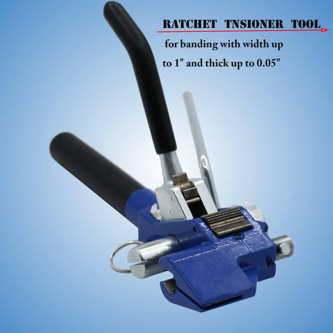 Kick Your Packaging Game Up With This Heavy Duty Steel Strapping Kit Featuring Smooth Ratchet Tensioner And Easy Cut Tool For Pallet Banding Plus Three Quarter Inch Coil And One Hundred Clips - close-up of ratchet tensioner tool.