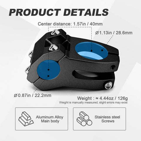 22.2mm Bike Stem 40mm Short Aluminum Alloy Beefy 6061 T6 CNC Machined 3D Forged For Kid Riders MTB BMX Pit Bike EBike Black