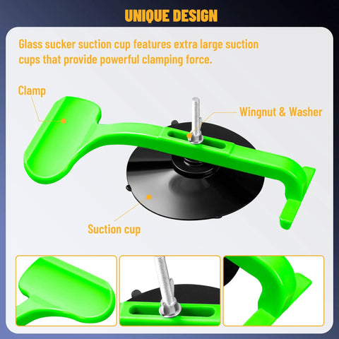 Close-up of Heavy Duty Suction Cup Clamp Set For Car Convertibles And Windshields, showing green clamp and black suction cup.