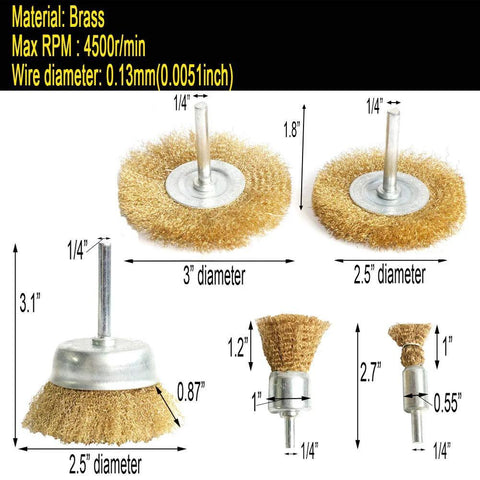 FPPO 5pc brass wire wheel brush kit for drill, 1/4-in shank; 0.13mm brass wires; includes 3" and 2.5" cup brushes.