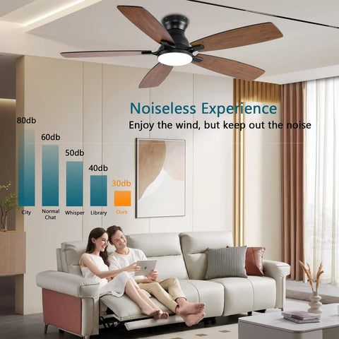 Total Room Glow Up 52 Inch Low Profile Ceiling Fan With Smart Ambient Lighting, Remote And Smartphone App Control, Whisper Silent DC Reversible Motor, Six Tuned Speeds, Easy Peasy Flush Mount, Brown Finish For Bedroom Or Chill Spot above a sofa, showcasing low noise levels.