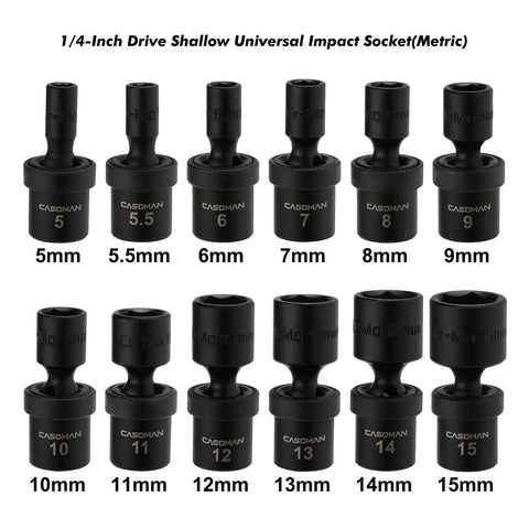 One Quarter Inch Drive Shallow Universal Impact Socket Set 12 Piece Metric 5mm to 15mm Six Point Cr Mo Steel Swivel Socket