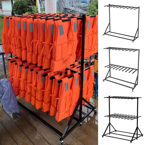 Keep Your Poolside Gear Slick And Stored With This Heavy Duty Metal Life Vest Rack Serving As A Large Equipment Organizer Featuring Roll Wheels For Fast Drying Access with orange vests.