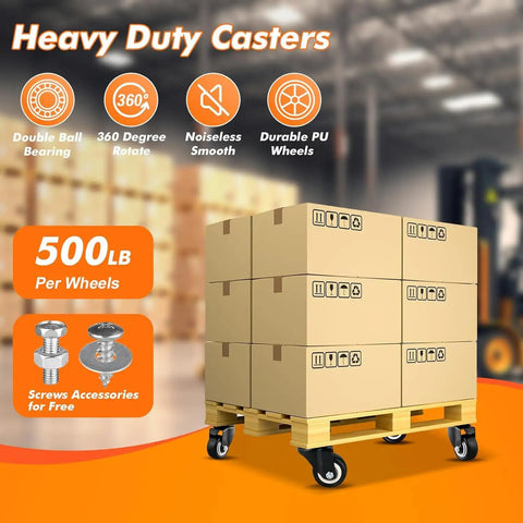 Tough As Nails Heavy Duty Swivel Casters Set Of 16 with PU wheels and ball bearings on a pallet of cardboard boxes