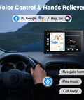 Driving scene with a Wireless Apple CarPlay Car Stereo 9 Inch Dash Screen showing navigation and voice control options