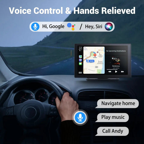 Driving scene with a Wireless Apple CarPlay Car Stereo 9 Inch Dash Screen showing navigation and voice control options