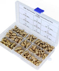 115-piece brass Zerk grease fittings assortment in clear case; SAE 1/4" and 1/8" with straight, 90° and 45° angles.