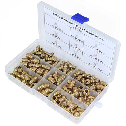 115-piece brass Zerk grease fittings assortment in clear case; SAE 1/4" and 1/8" with straight, 90° and 45° angles.