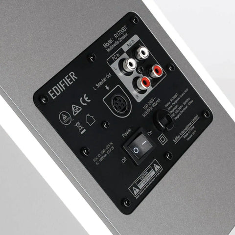 Back panel of R1700BT Bluetooth Bookshelf Speakers With 66W RMS Power, showing inputs and controls on white finish