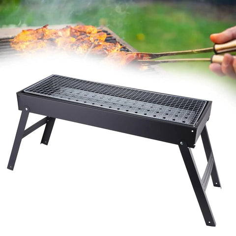 Portable Stainless Steel BBQ Grill For Camping And Picnics with foldable legs, durable iron construction, side view on white.
