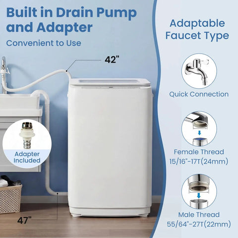 Compact Full Automatic Top Load Washing Machine With Ten Reliable Cycles And Easy Dial Controls showing built-in drain pump and faucet adapter.