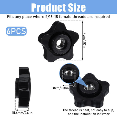 Six Pack Five Sixteenths Inch Star Knobs With Female Threads Black Five Star Shaped Threaded Knobs Five Sixteenths Eighteen Thread For T Track Bolts Jigs And Machines Plastic Screw On Type, showing dimensions and thread details.