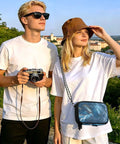 Couple with Dragon Blue Boat Passport Holder Family Passport Wallet with RFID blocking at scenic viewpoint.
