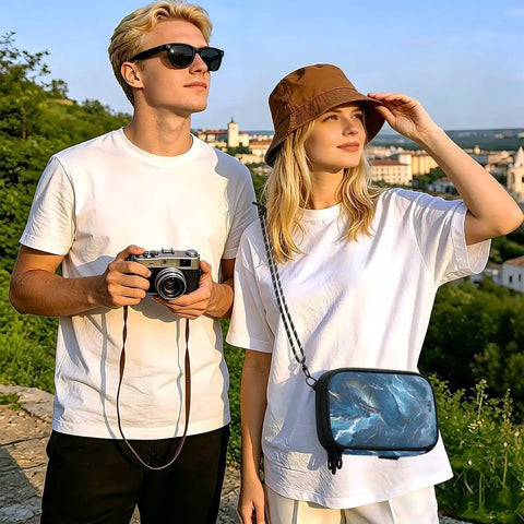 Couple with Dragon Blue Boat Passport Holder Family Passport Wallet with RFID blocking at scenic viewpoint.