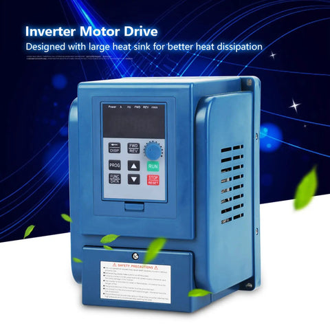 Rugged 4KW Variable Frequency Drive VFD Inverter For Three Phase 380V Systems, Beefy Torque Spindle Motor Speed Controller With Wide Range, Anti Trip, Dust Resistant, Industrial Grade, blue front view