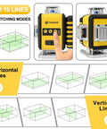 4x360 Degree Laser Level With 16 Green Beams Self Leveling Line Laser for DIYers and pros, detailed control panel and modes