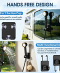 Beast Portable Camp Shower with 8000mAh Battery showing hands-free suction and hook features on RV and wall surfaces.