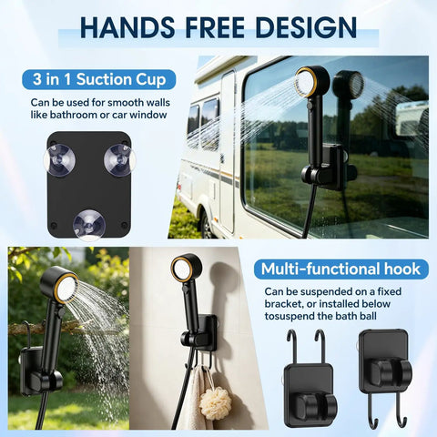 Beast Portable Camp Shower with 8000mAh Battery showing hands-free suction and hook features on RV and wall surfaces.