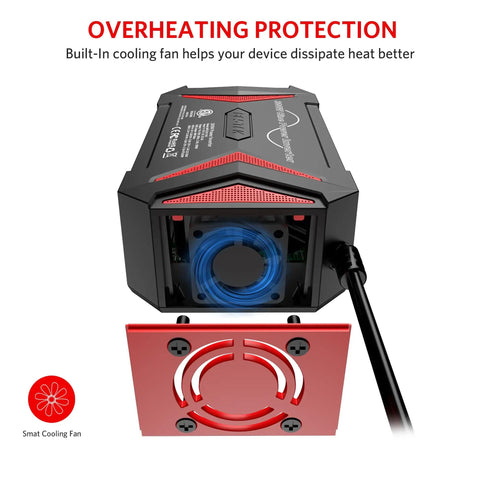 Road Trip Ready 300W Pure Sine Wave Car Power Inverter From 12V DC To 110V AC With USB C PD30W Fast Charger showing cooling fan