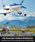 Six In One City Airport Airplane Building Set With 886 Pieces for STEM Learning, showing airplane, terminal, shuttle, and accessories