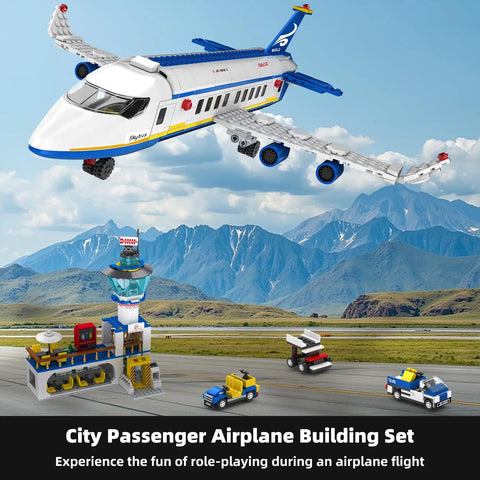Six In One City Airport Airplane Building Set With 886 Pieces for STEM Learning, showing airplane, terminal, shuttle, and accessories
