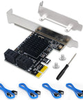 Four Port PCIe SATA Expansion Card With 6Gbps SATA 3.0 Controllers, Includes Four Cables And Low Profile Bracket, Bootable Non RAID Desktop PC Disk Drive Controller, Easy Install And High Speed Storage Upgrade; PCIe card with four blue SATA cables