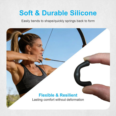 Eight Piece Archery Bowstring Finger Guard And Saver Set held showing ergonomic fit for recurve and traditional bows.